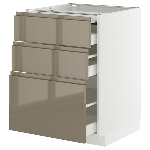 METOD / MAXIMERA bc w pull-out work surface/3drw, white/Voxtorp high-gloss dark grey-brown, 60x60 cm