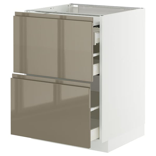 METOD / MAXIMERA - METOD / MAXIMERA Bc w pull-out work surface/3drw, white/Voxtorp high-gloss dark grey-brown, 60x60 cm