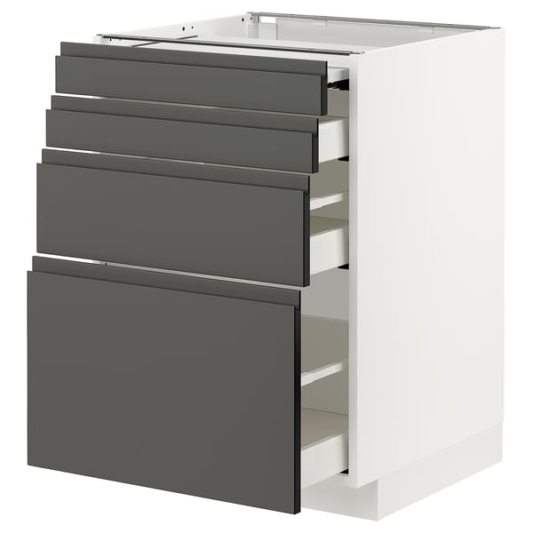 METOD / MAXIMERA bc w pull-out work surface/3drw, white/Voxtorp dark grey, 60x60 cm