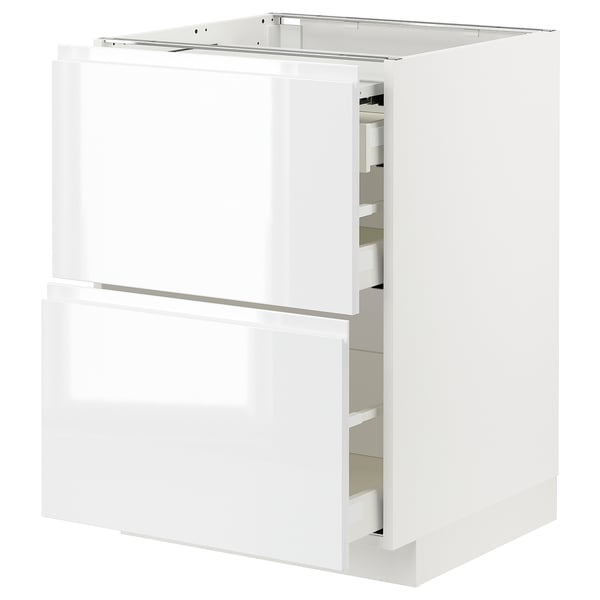 METOD / MAXIMERA bc w pull-out work surface/3drw, white/Voxtorp high-gloss/white, 60x60 cm