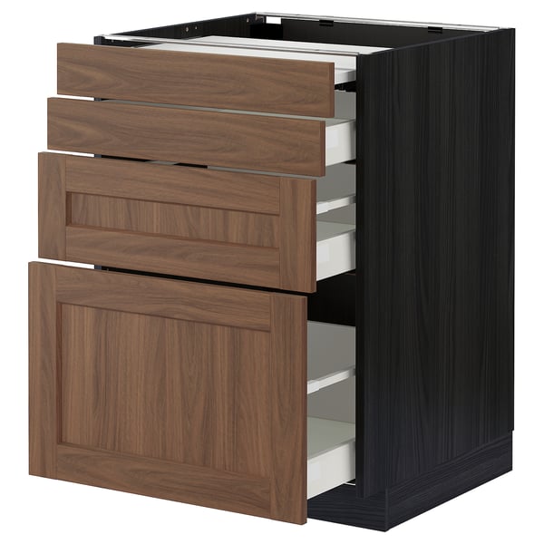 METOD / MAXIMERA bc w pull-out work surface/3drw, black Enköping/brown walnut effect, 60x60 cm