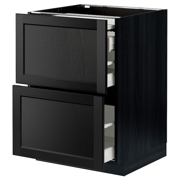 METOD / MAXIMERA - Bc w pull-out work surface/3drw, black/Lerhyttan black stained, 60x60 cm