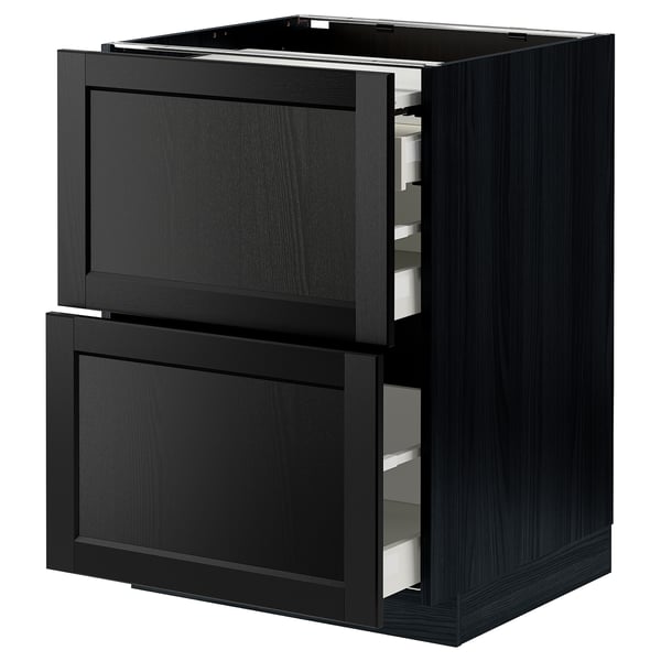 METOD / MAXIMERA bc w pull-out work surface/3drw, black/Lerhyttan black stained, 60x60 cm