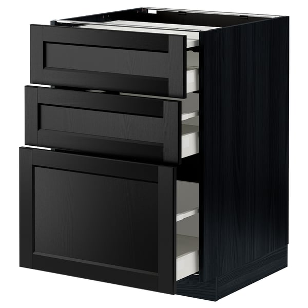 METOD / MAXIMERA bc w pull-out work surface/3drw, black/Lerhyttan black stained, 60x60 cm