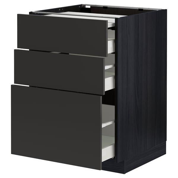 METOD / MAXIMERA bc w pull-out work surface/3drw, black/Nickebo matt anthracite, 60x60 cm