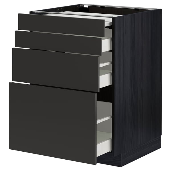 METOD / MAXIMERA bc w pull-out work surface/3drw, black/Nickebo matt anthracite, 60x60 cm