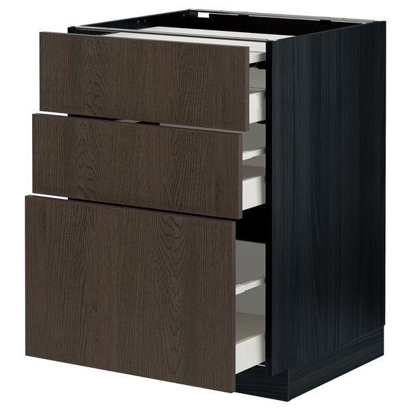 METOD / MAXIMERA bc w pull-out work surface/3drw, black/Sinarp brown, 60x60 cm