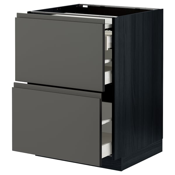 METOD / MAXIMERA bc w pull-out work surface/3drw, black/Voxtorp dark grey, 60x60 cm