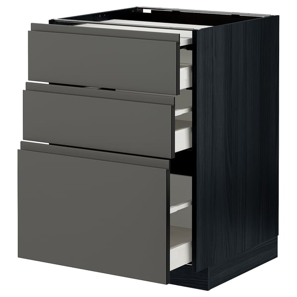 METOD / MAXIMERA bc w pull-out work surface/3drw, black/Voxtorp dark grey, 60x60 cm