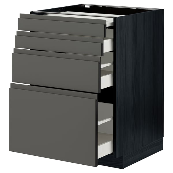 METOD / MAXIMERA bc w pull-out work surface/3drw, black/Voxtorp dark grey, 60x60 cm