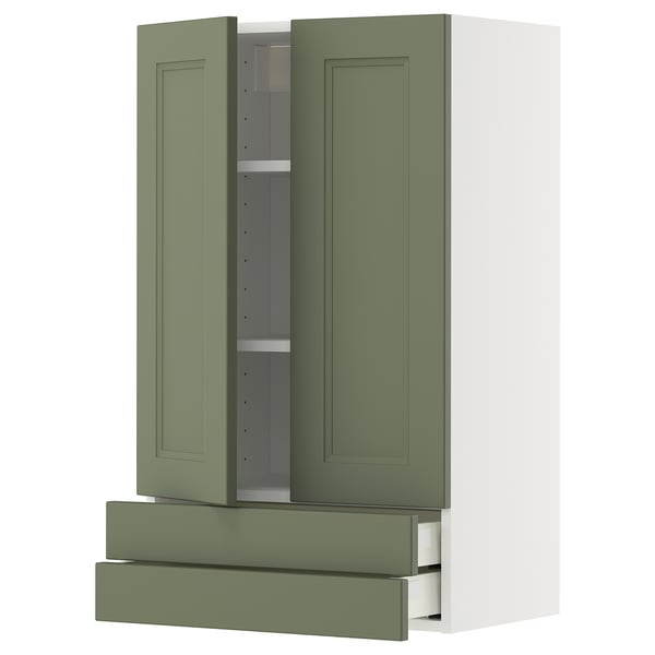 METOD / MAXIMERA wall cabinet w 2 doors/2 drawers, white/Axstad grey-green, 60x100 cm