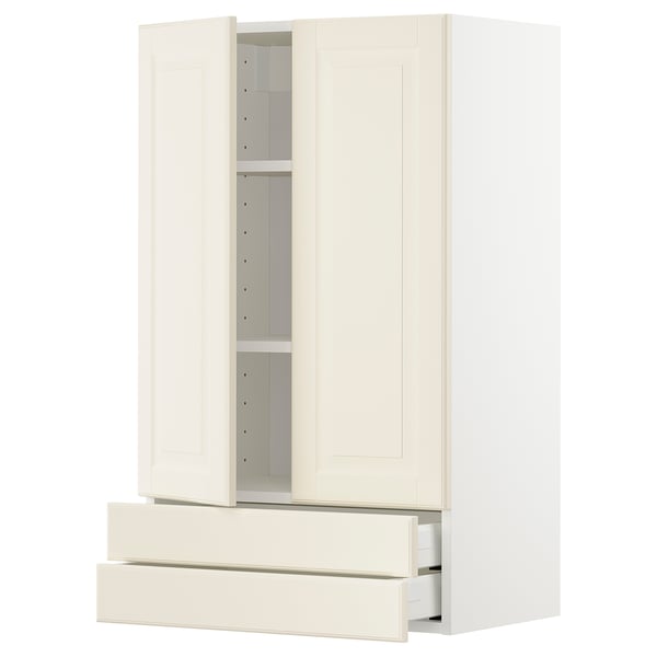 METOD / MAXIMERA wall cabinet w 2 doors/2 drawers, white/Bodbyn off-white, 60x100 cm