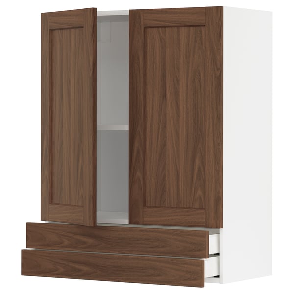 METOD / MAXIMERA - METOD / MAXIMERA Wall cabinet w 2 doors/2 drawers, white Enköping/brown walnut effect, 80x100 cm