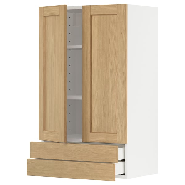 METOD / MAXIMERA wall cabinet w 2 doors/2 drawers, white/Forsbacka oak, 60x100 cm