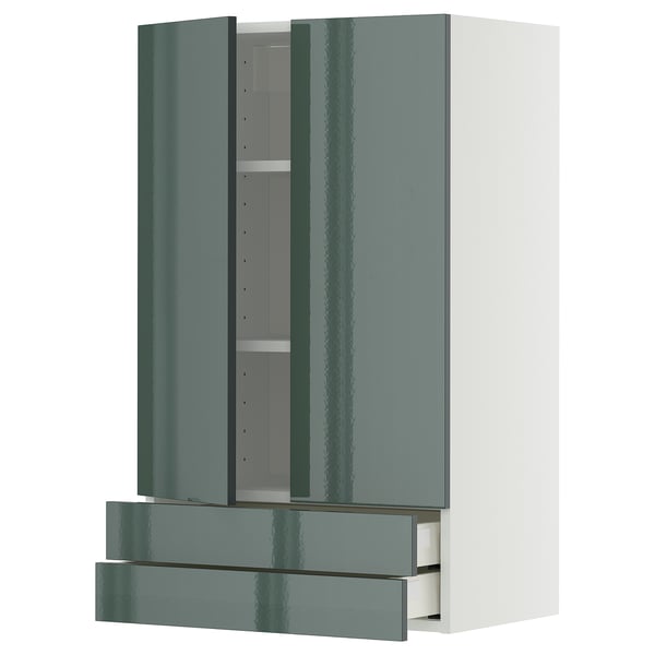 METOD / MAXIMERA wall cabinet w 2 doors/2 drawers, white/Kallarp high-gloss dark grey-green, 60x100 cm