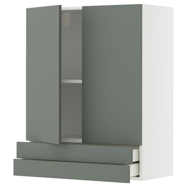 METOD / MAXIMERA wall cabinet w 2 doors/2 drawers, white/Nickebo matt grey-green, 80x100 cm