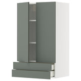 METOD / MAXIMERA wall cabinet w 2 doors/2 drawers, white/Nickebo matt grey-green, 60x100 cm