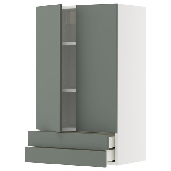 METOD / MAXIMERA wall cabinet w 2 doors/2 drawers, white/Nickebo matt grey-green, 60x100 cm