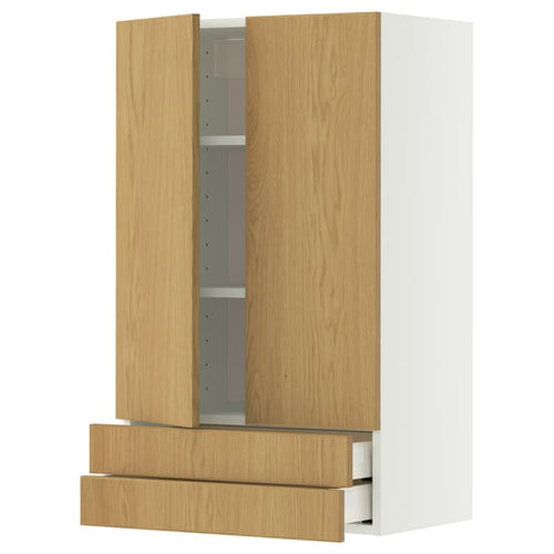 METOD / MAXIMERA wall cabinet w 2 doors/2 drawers, white/Sinarp oak veneer, 60x100 cm
