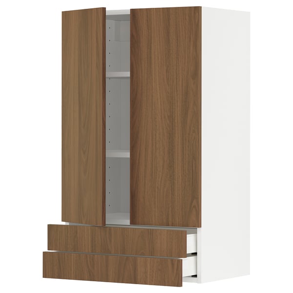 METOD / MAXIMERA wall cabinet w 2 doors/2 drawers, white/Tistorp brown walnut effect, 60x100 cm