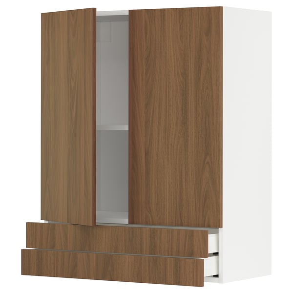 METOD / MAXIMERA wall cabinet w 2 doors/2 drawers, white/Tistorp brown walnut effect, 80x100 cm
