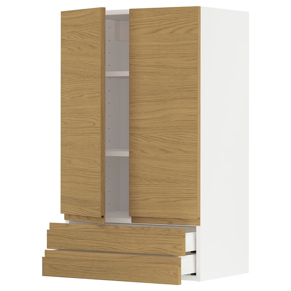 METOD / MAXIMERA - Wall cabinet w 2 doors/2 drawers, white/Voxtorp oak effect, 60x100 cm