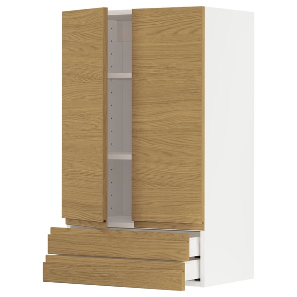 METOD / MAXIMERA wall cabinet w 2 doors/2 drawers, white/Voxtorp oak effect, 60x100 cm