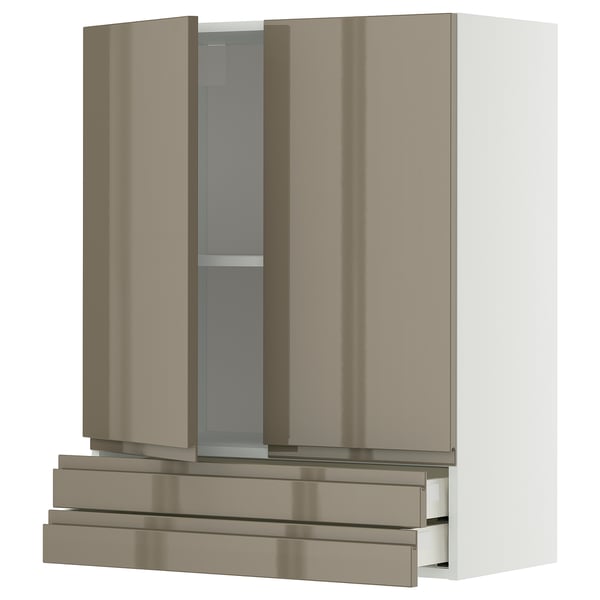 METOD / MAXIMERA wall cabinet w 2 doors/2 drawers, white/Voxtorp high-gloss dark grey-brown, 80x100 cm