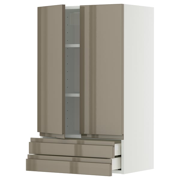 METOD / MAXIMERA wall cabinet w 2 doors/2 drawers, white/Voxtorp high-gloss dark grey-brown, 60x100 cm