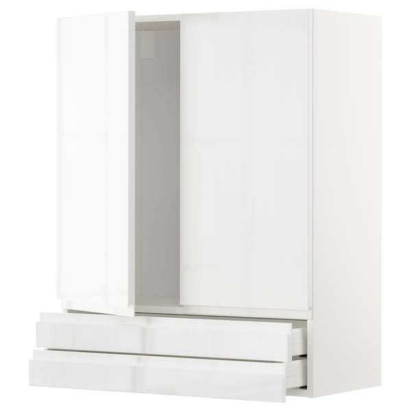 METOD / MAXIMERA wall cabinet w 2 doors/2 drawers, white/Voxtorp high-gloss/white, 80x100 cm