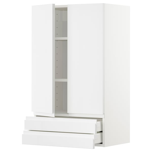 METOD / MAXIMERA wall cabinet w 2 doors/2 drawers, white/Voxtorp high-gloss/white, 60x100 cm