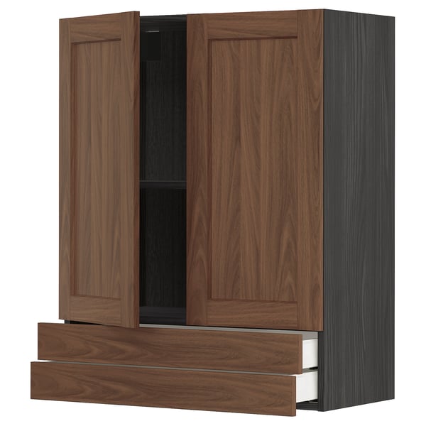 METOD / MAXIMERA wall cabinet w 2 doors/2 drawers, black Enköping/brown walnut effect, 80x100 cm