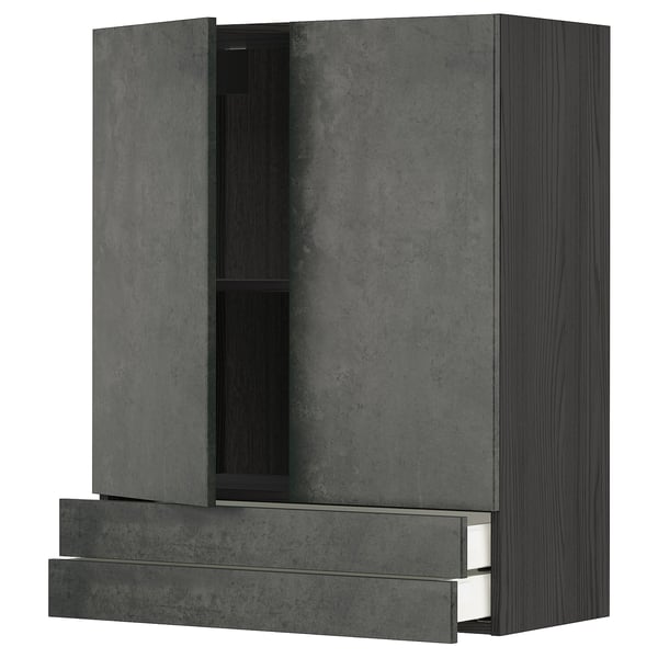 METOD / MAXIMERA wall cabinet w 2 doors/2 drawers, black/Kalhyttan dark grey concrete effect, 80x100 cm