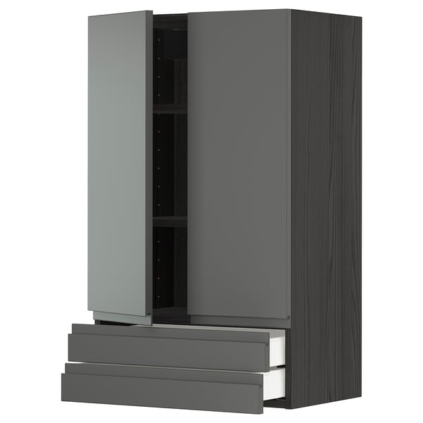 METOD / MAXIMERA wall cabinet w 2 doors/2 drawers, black/Voxtorp dark grey