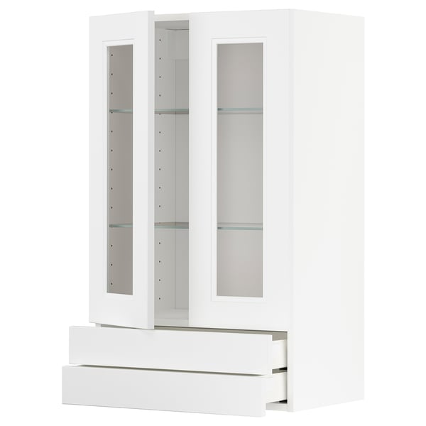 METOD / MAXIMERA wall cab w 2 glass doors/2 drawers, white/Axstad matt white, 60x100 cm