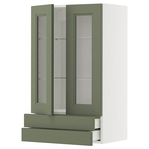 METOD / MAXIMERA - METOD / MAXIMERA Wall cab w 2 glass doors/2 drawers, white/Axstad grey-green, 60x100 cm
