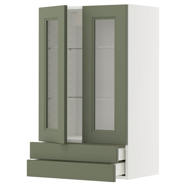 METOD / MAXIMERA wall cab w 2 glass doors/2 drawers, white/Axstad grey-green, 60x100 cm