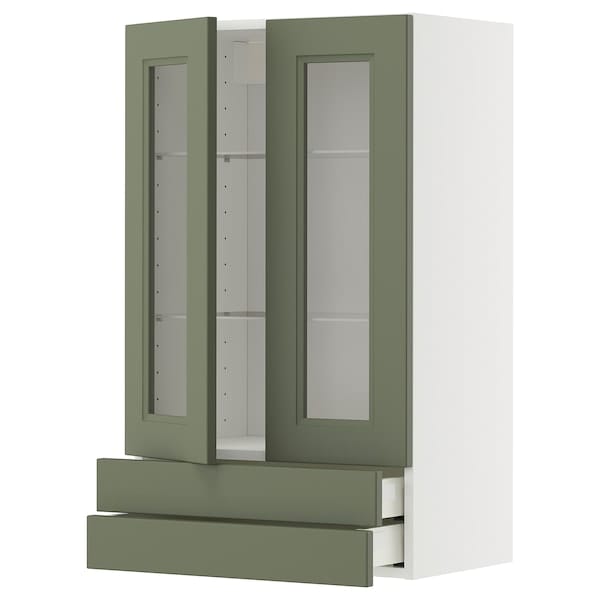 METOD / MAXIMERA - METOD / MAXIMERA Wall cab w 2 glass doors/2 drawers, white/Axstad grey-green, 60x100 cm