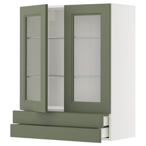 METOD / MAXIMERA - METOD / MAXIMERA Wall cab w 2 glass doors/2 drawers, white/Axstad grey-green, 80x100 cm