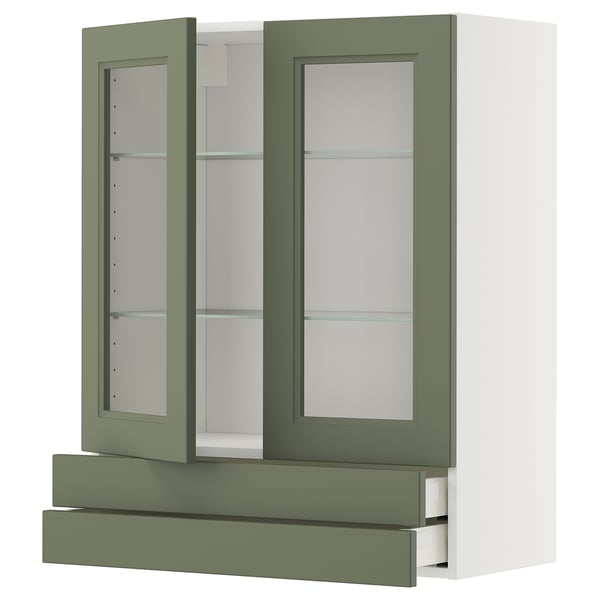METOD / MAXIMERA - METOD / MAXIMERA Wall cab w 2 glass doors/2 drawers, white/Axstad grey-green, 80x100 cm