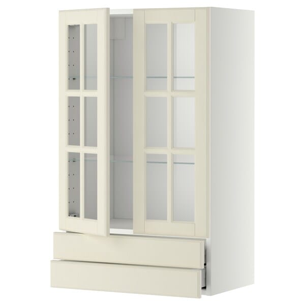 Ikea METOD / MAXIMERA - Wall cab w 2 glass doors/2 drawers, white/Bodbyn off-white, 60x100 cm