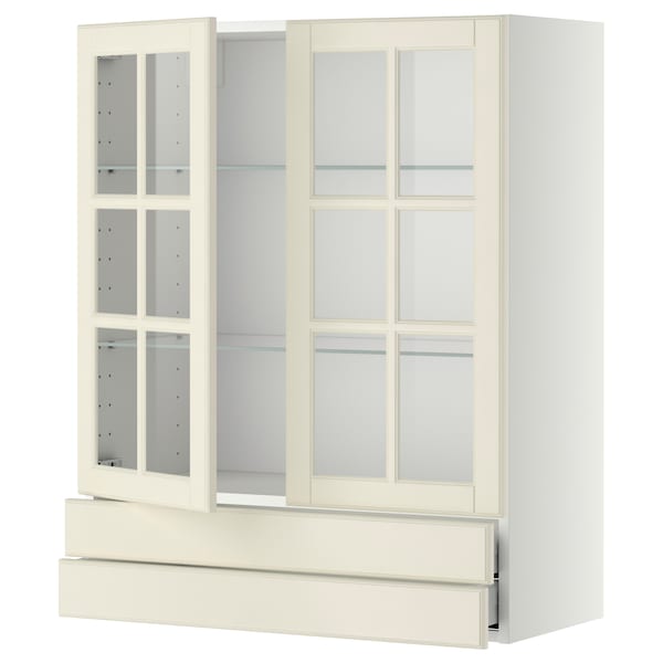 METOD / MAXIMERA - Wall cab w 2 glass doors/2 drawers, white/Bodbyn off-white, 80x100 cm