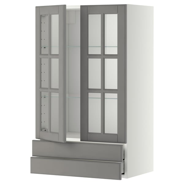 METOD / MAXIMERA - METOD / MAXIMERA Wall cab w 2 glass doors/2 drawers, white/Bodbyn grey, 60x100 cm