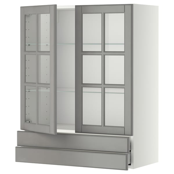 METOD / MAXIMERA - METOD / MAXIMERA Wall cab w 2 glass doors/2 drawers, white/Bodbyn grey, 80x100 cm