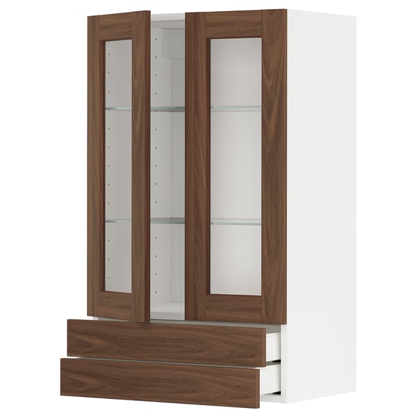 METOD / MAXIMERA - METOD / MAXIMERA Wall cab w 2 glass doors/2 drawers, white Enköping/brown walnut effect, 60x100 cm