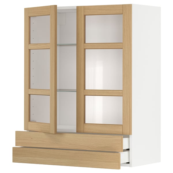 METOD / MAXIMERA wall cab w 2 glass doors/2 drawers, white/Forsbacka oak, 80x100 cm