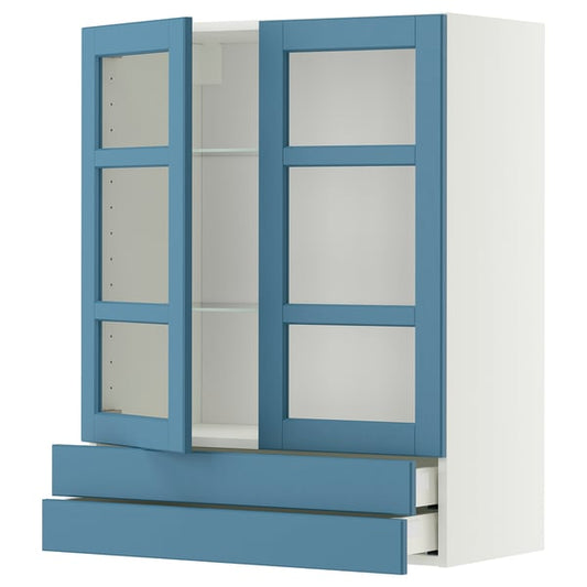 METOD / MAXIMERA wall unit with 2 glass doors/2 drawers, white/Lerhyttan blue, 80x100 cm