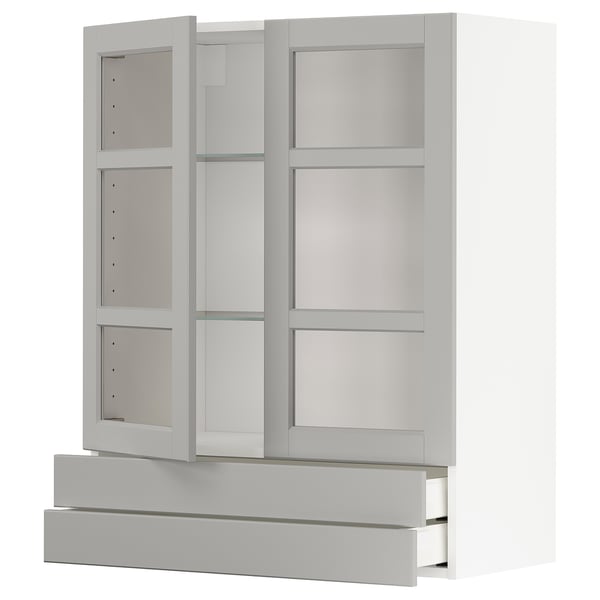 METOD / MAXIMERA - METOD / MAXIMERA Wall cab w 2 glass doors/2 drawers, white/Lerhyttan light grey, 80x100 cm