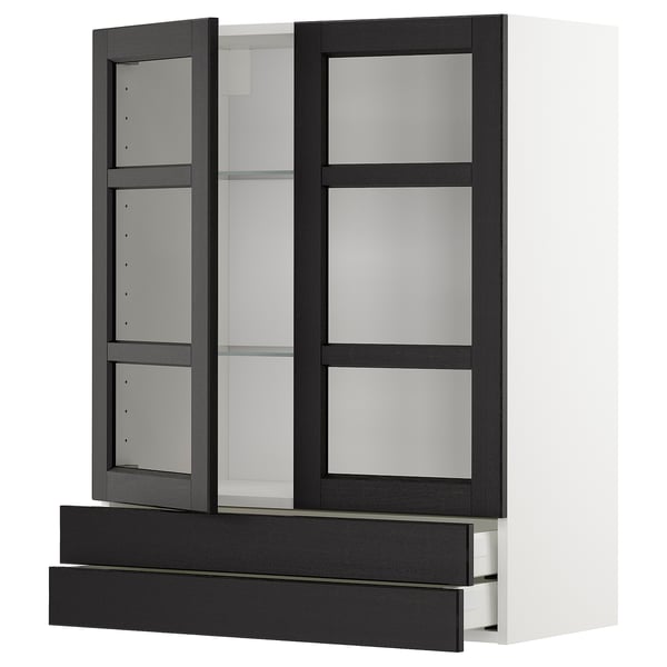 METOD / MAXIMERA wall cab w 2 glass doors/2 drawers, white/Lerhyttan black stained, 80x100 cm