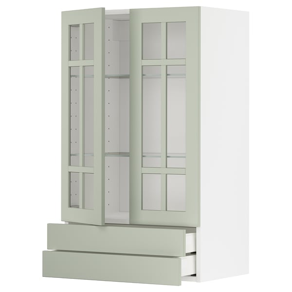METOD / MAXIMERA wall cab w 2 glass doors/2 drawers, white/Stensund light green, 60x100 cm